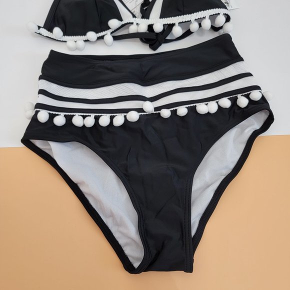 Women's Mesh Striped High Waist Bikini Set Tassel Trim Top Halter Straps NWT - Picture 3 of 9